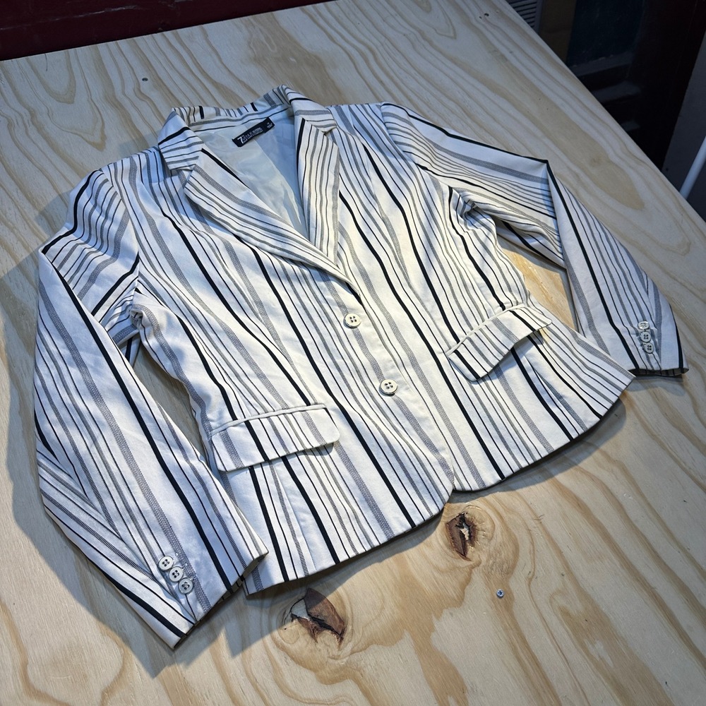 New York & Company 7th Avenue Striped Blazer Size 14 White Black Professional